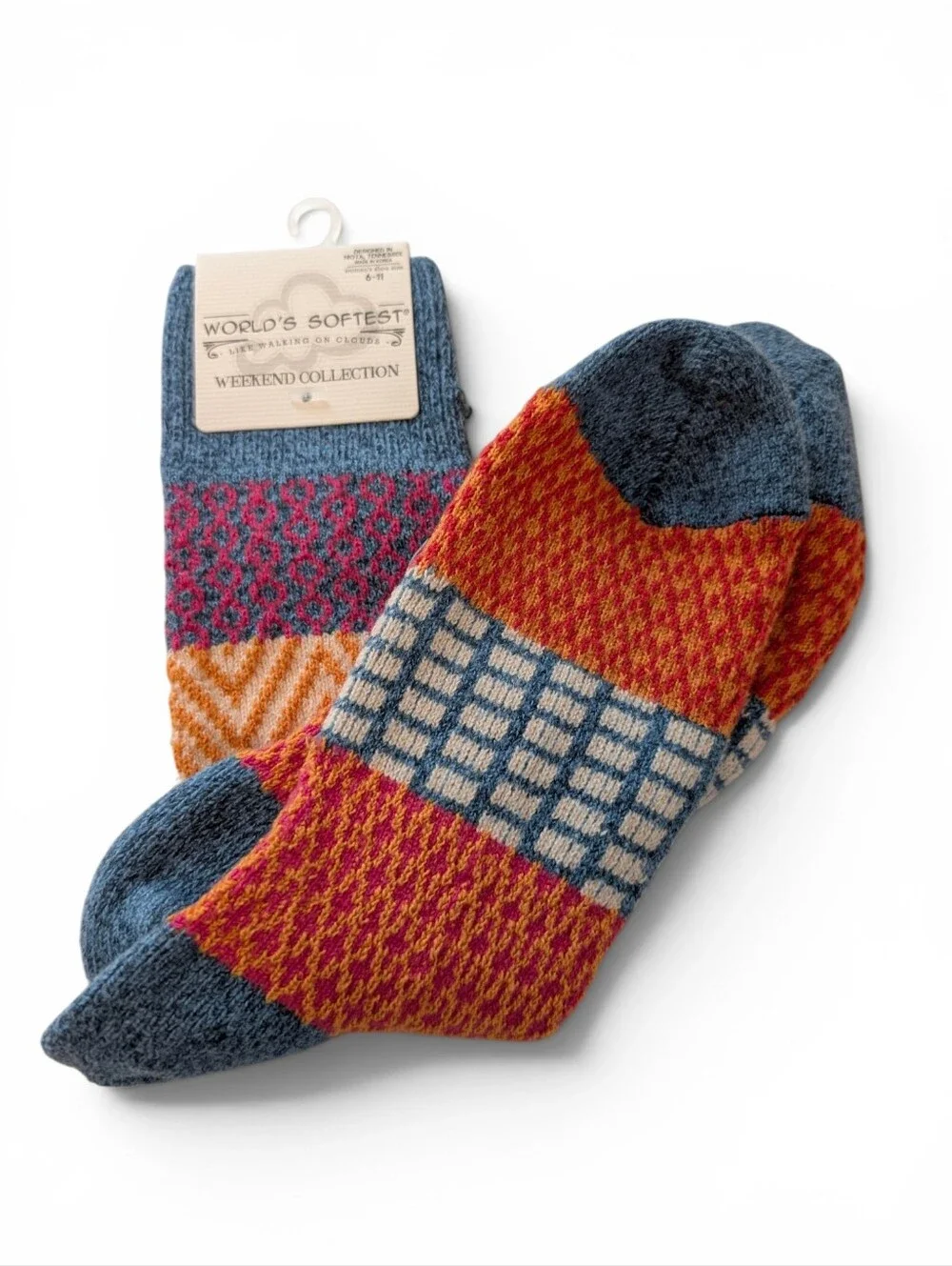 WORLDS SOFTEST Crew Socks Colorful Print Weekend 6-11 Blue Orange Pink White